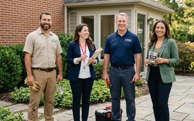 Four professionals standing outside a house, smiling and holding tools and a 'For Sale' mug.