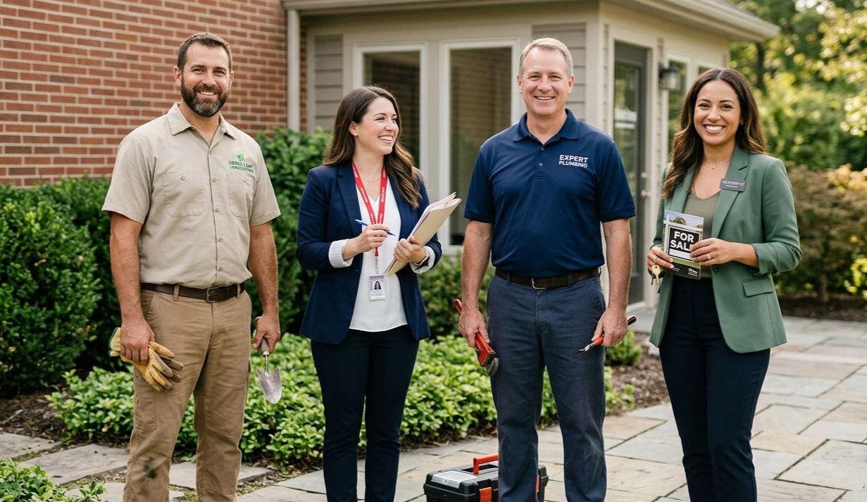 Four professionals standing outdoors in front of a house, smiling and holding work tools and documents.