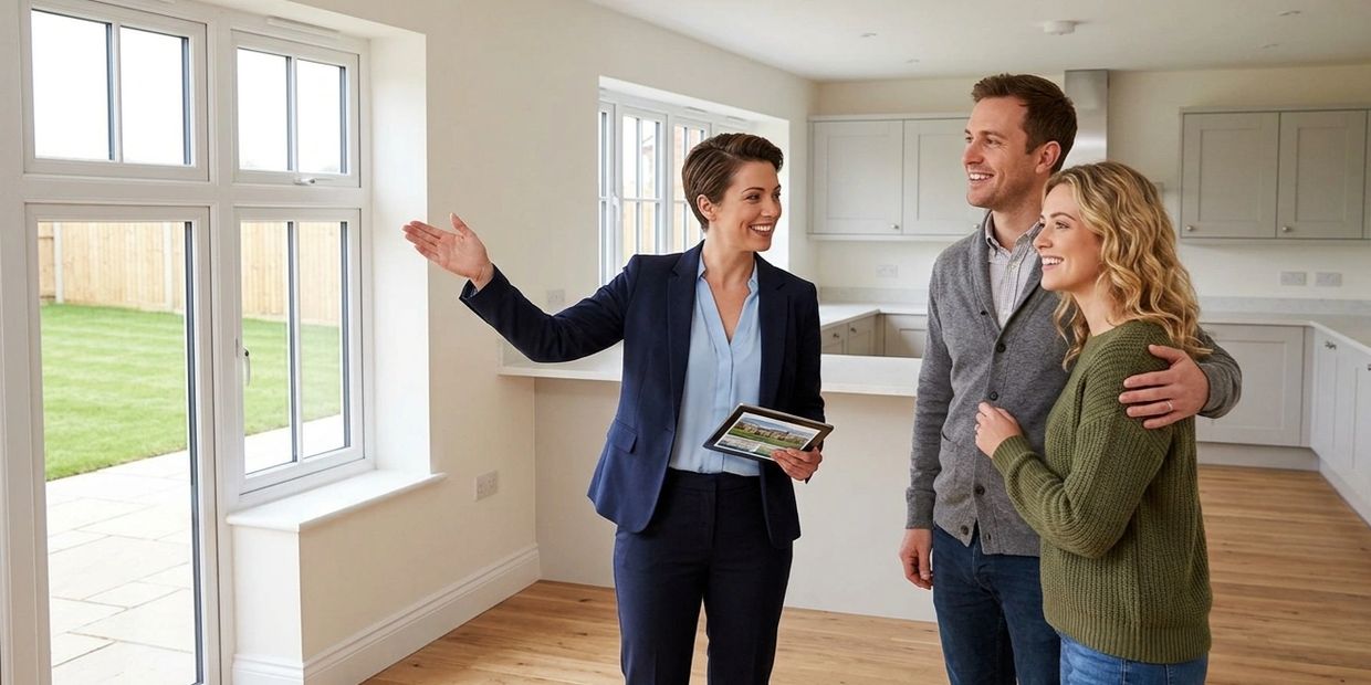 Real estate agent showing a happy couple a new home with large windows and a modern kitchen.