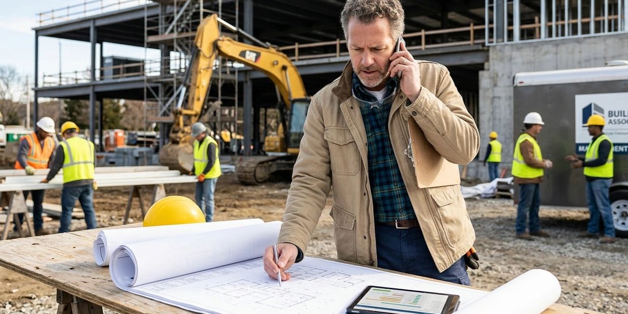 Construction manager reviewing blueprints on site while talking on phone.