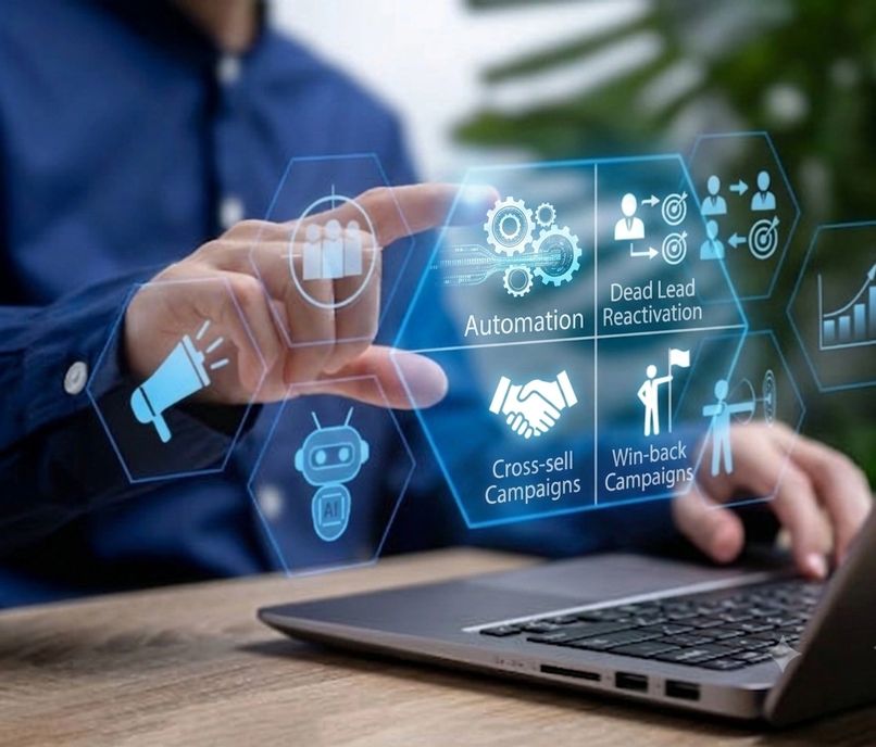 Person interacting with digital marketing automation icons on a laptop.