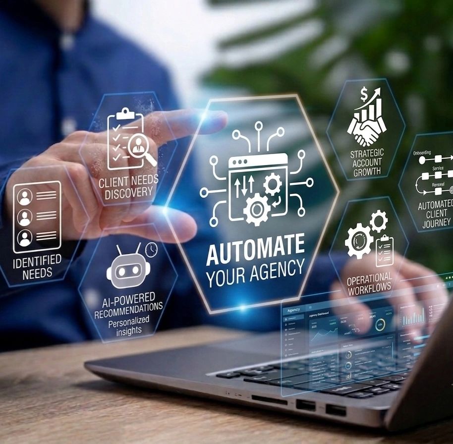 Person interacting with virtual interface on agency automation.