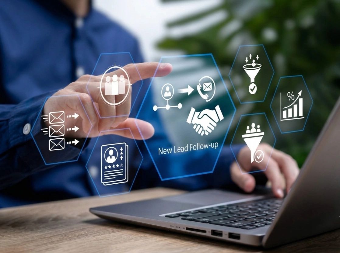 Person managing new lead follow-up on a digital interface.