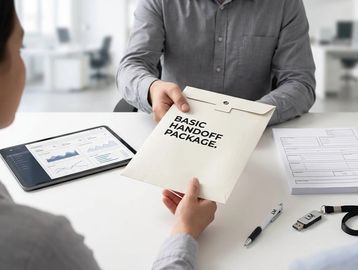 Two professionals exchanging a "Basic Handoff Package" in an office setting.