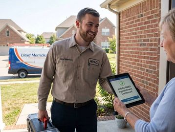 HVAC technician confirms job details with a customer at her doorstep.