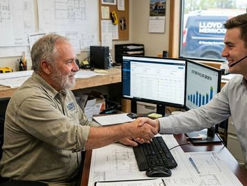 Two men shaking hands in an office with computer screens and blueprints.