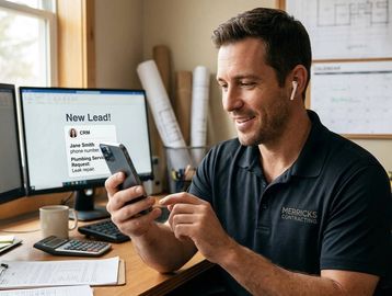 Man in a black polo shirt checks phone, smiling at new lead notification on computer.
