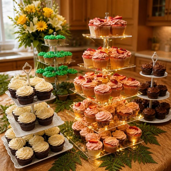Elegant display of assorted cupcakes on tiered trays with decorative flowers in the background.