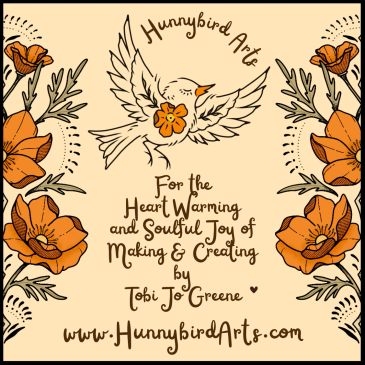 Logo with a hummingbird and orange flowers, promoting Hunnybird Arts.