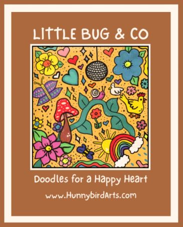 Colorful doodle art by Little Bug &amp; Co with flowers and rainbows.