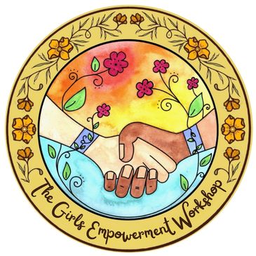 Logo with handshake and floral design.