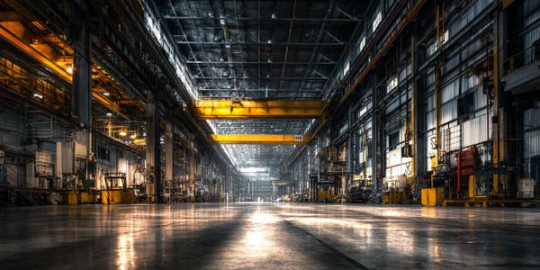 Spacious industrial warehouse with yellow overhead cranes and reflective floor.