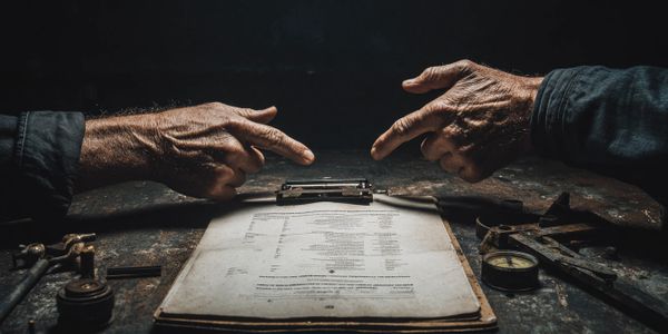 Two hands pointing at a document on a table with measuring tools around.