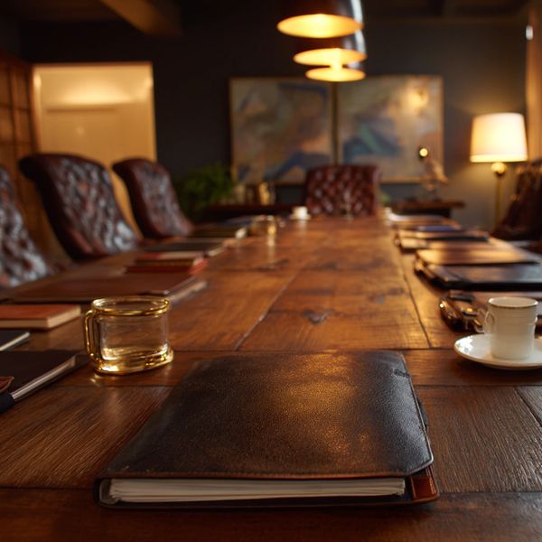 A rustic conference table with leather chairs and coffee cups in a warm-lit room.