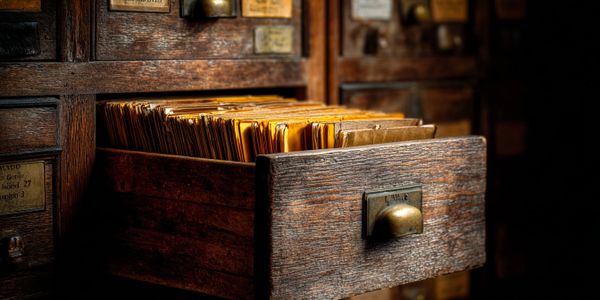 An open wooden drawer filled with old files in a vintage filing cabinet.