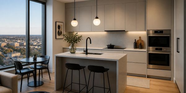 Modern kitchen with an island, black stools, and city view from large window.