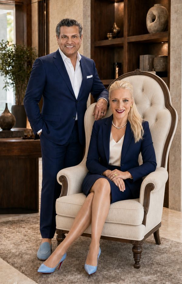 Well-dressed man and woman posing confidently in an elegant interior.