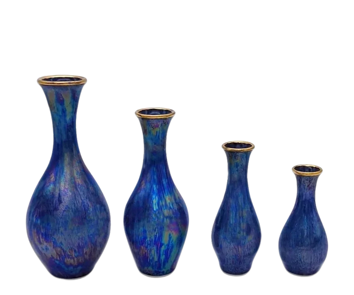 Small vases with Mother of Pearl surface on dark blue glaze!