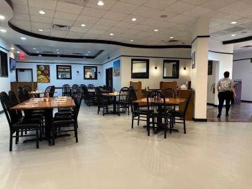 Empty dining area with tables and chairs.