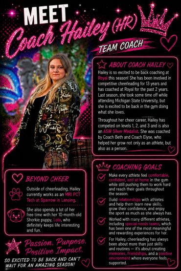 Meet Coach Hailey, the new team coach at Royal, excited to return to cheerleading.