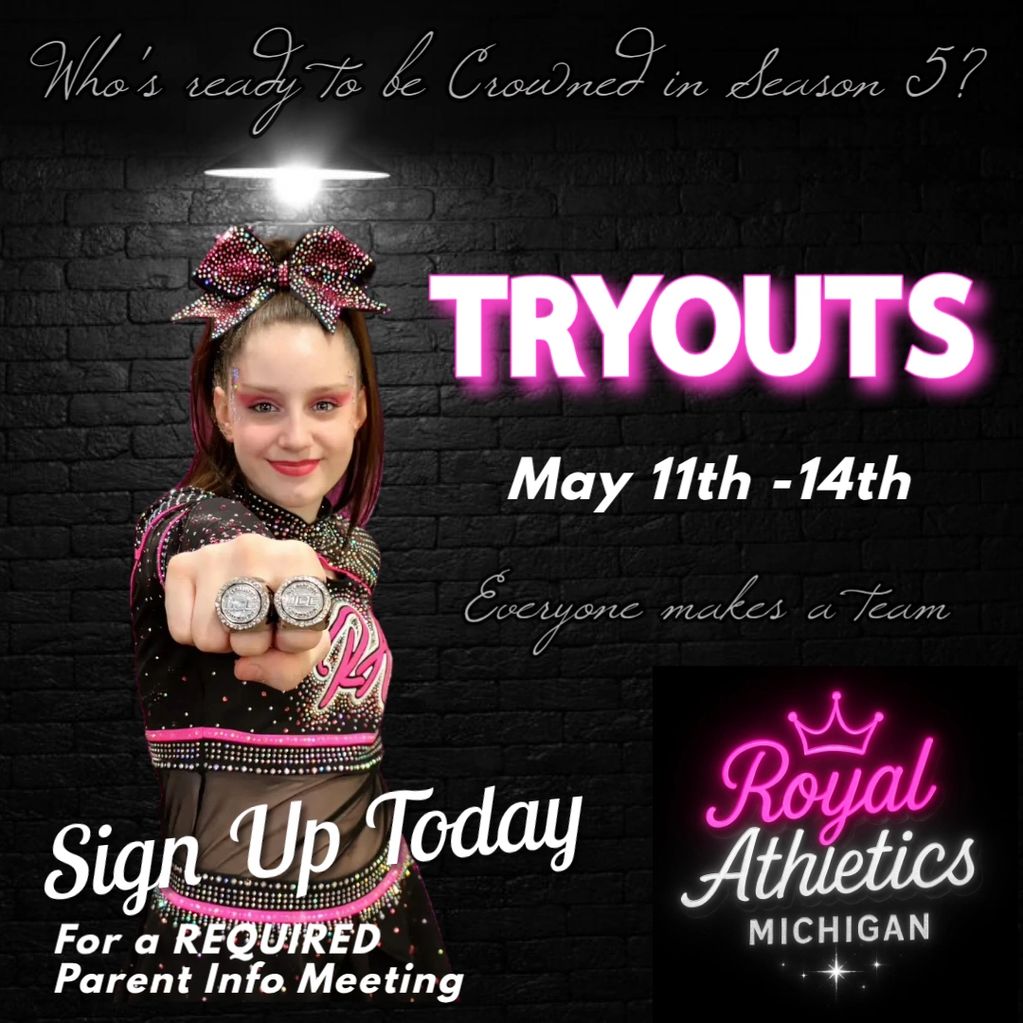 Cheerleading tryouts for Royal Athletics Michigan, May 11-14, with required parent meeting.