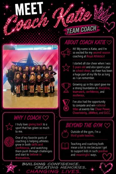Meet Coach Katie, a dedicated cheer coach with passion and experience.