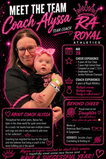Coach Alyssa with her daughter, highlighting her cheer and coaching experience.