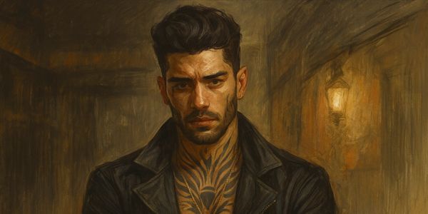 A tattooed man in a black leather jacket stands with arms crossed in dim lighting.