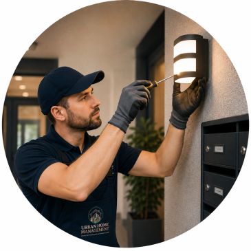 Technician fixing an outdoor light fixture on a wall.