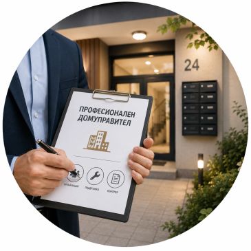 A professional property manager holding a clipboard in front of a residential building.