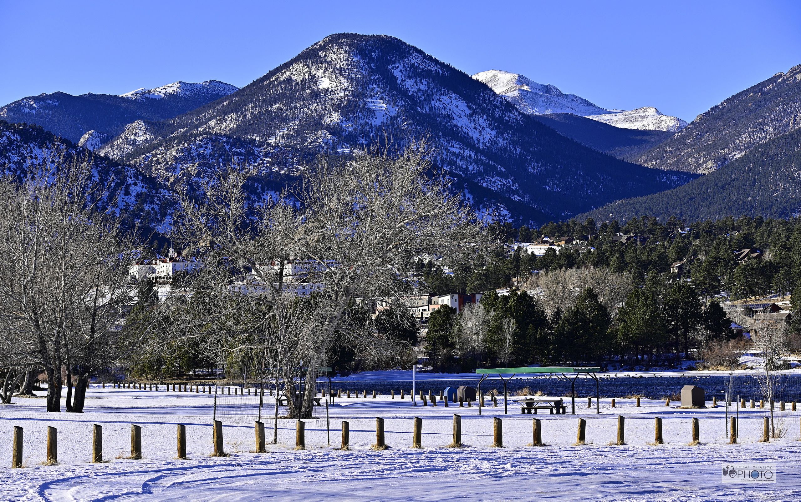 The Stanley Hotel and Mountains from Lake Estes CO