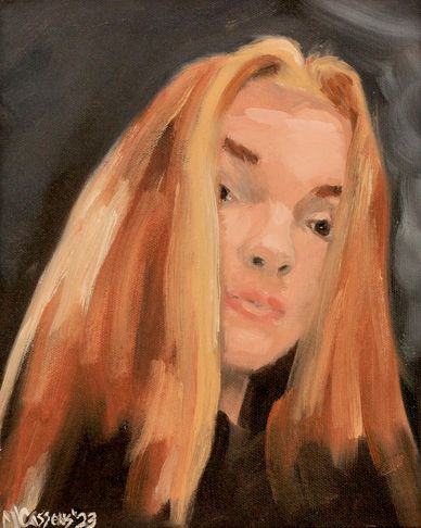 Painting of a young woman with long blonde hair.