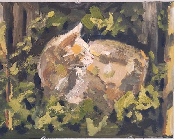 Impressionist painting of a cat in greenery.