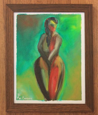 Abstract painting of a woman with colorful lighting.