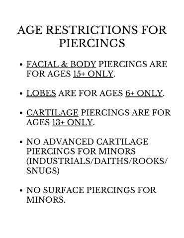 Piercing age restrictions listed.