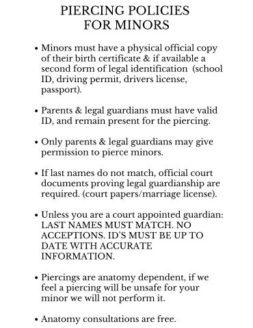 Piercing policies for minors with ID and guardian requirements.