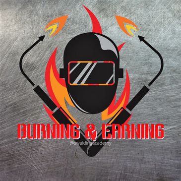 welding hood with two torches with logo of burning and earning 