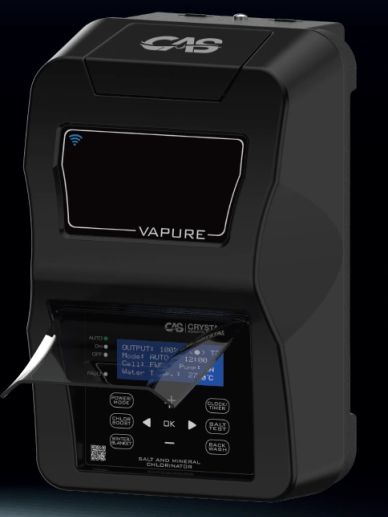 Black CAS Vapure salt and mineral chlorinator device.
