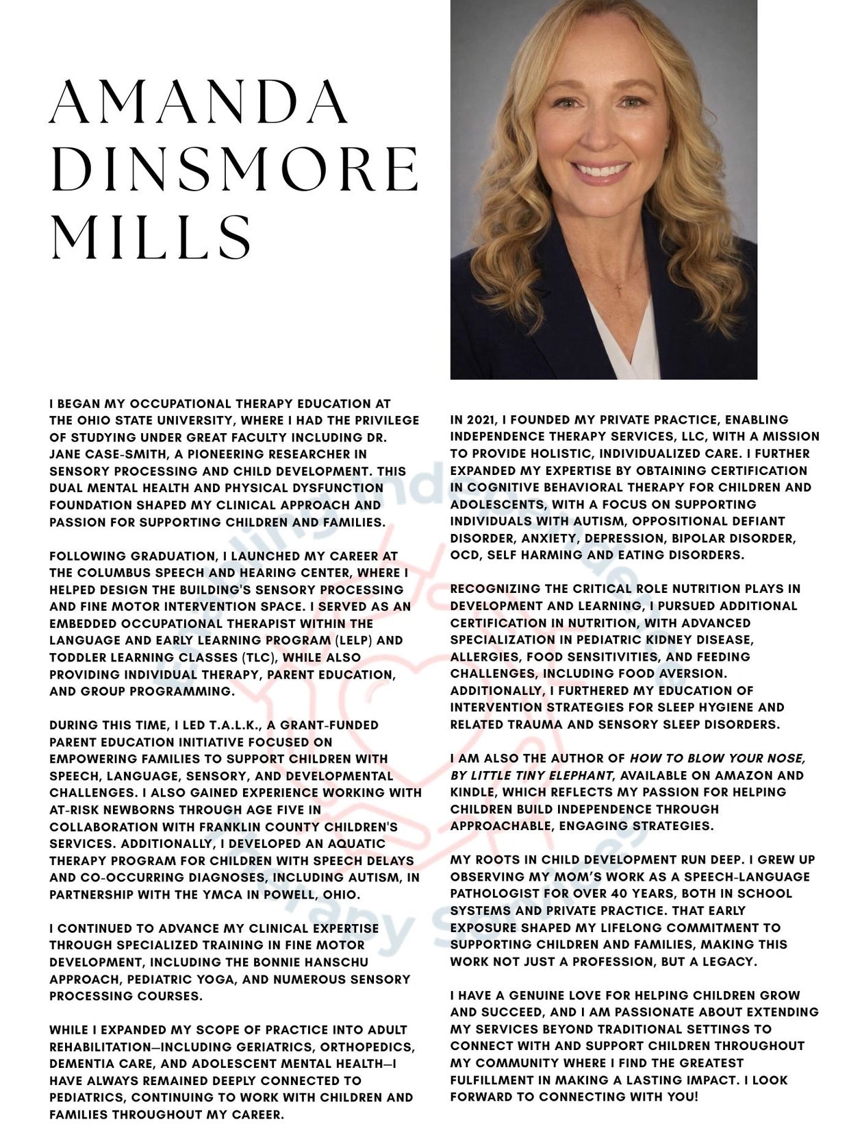 Professional profile of Amanda Dinsmore Mills, an occupational therapist specializing in child development and holistic therapy.