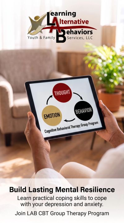 Person holding tablet showing CBT cycle for mental resilience.