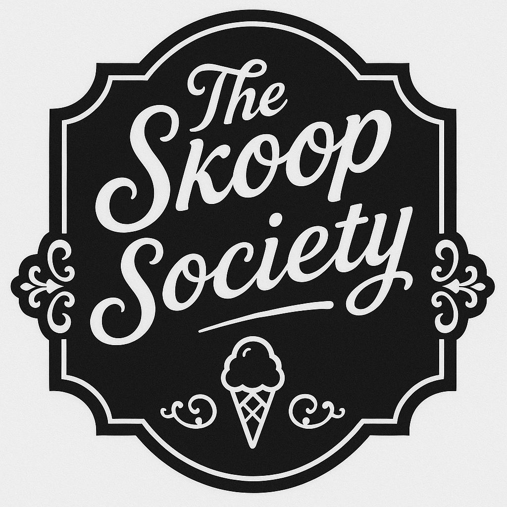 Elegant black and white logo for The Skoop Society with ice cream cone graphic.