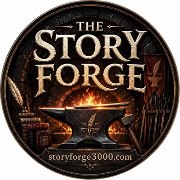 Logo for The Story Forge with an anvil and fire.