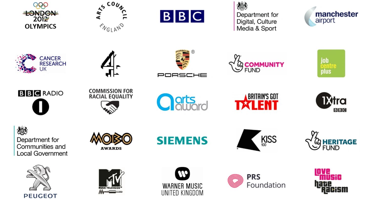 A collage of various UK organizational logos including BBC, Porsche, and London 2012 Olympics.