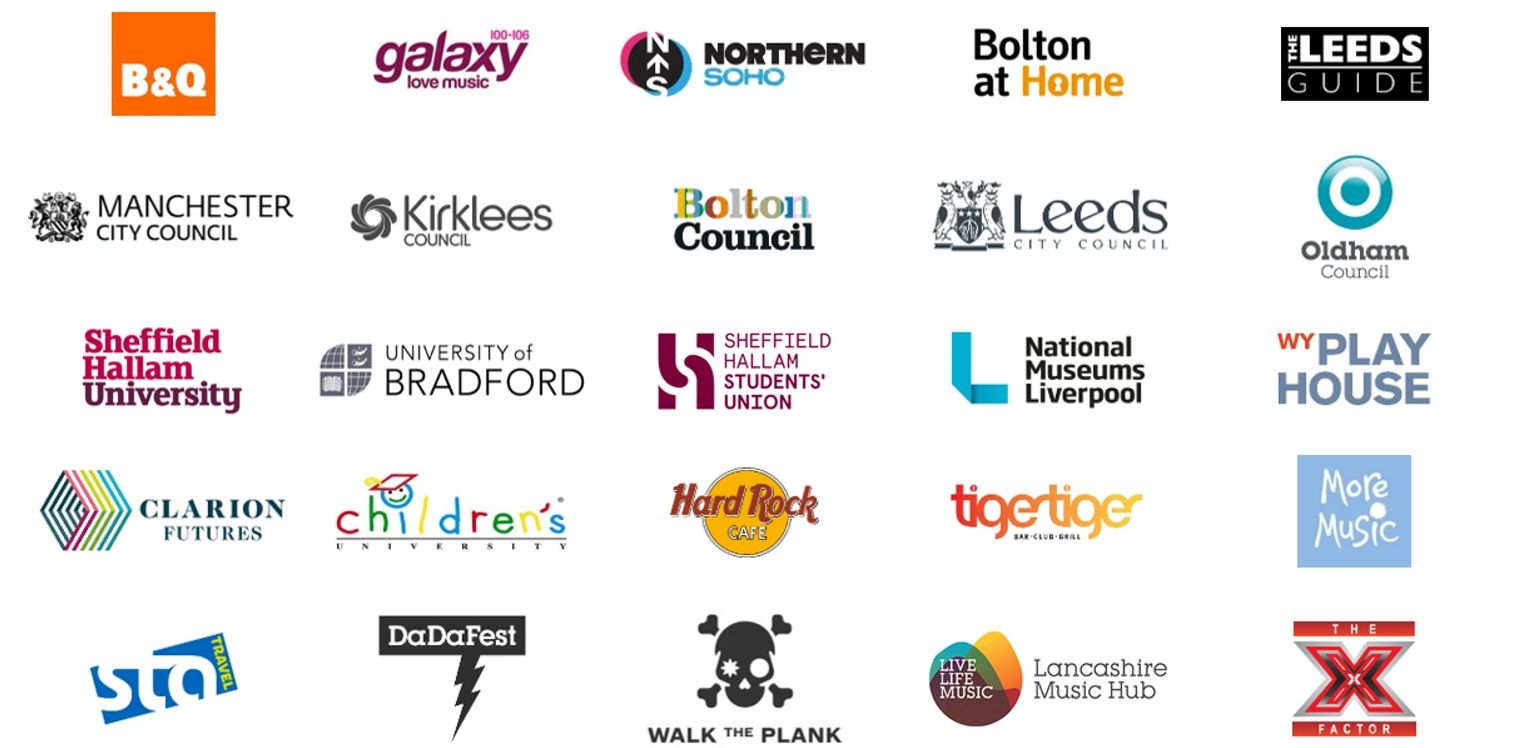 A collection of logos from various councils, universities, music hubs, and entertainment brands.