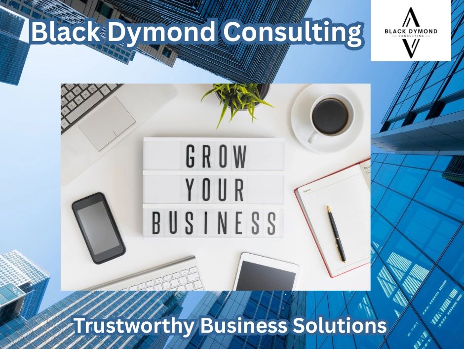 Business consulting advertisement with cityscape background and motivational desk setup.