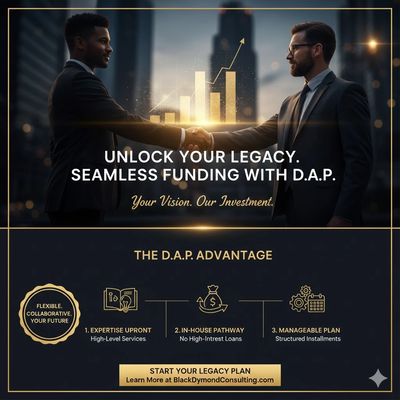 Two businessmen shaking hands with a glowing financial graph and D.A.P. funding benefits listed.