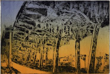 Abstract art of a bridge structure with warm orange background.