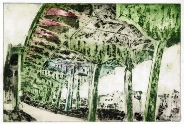 Abstract painting of an urban bridge structure with green and pink hues.
