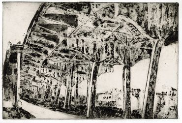 Black and white etching of an elevated train track with supporting pillars.