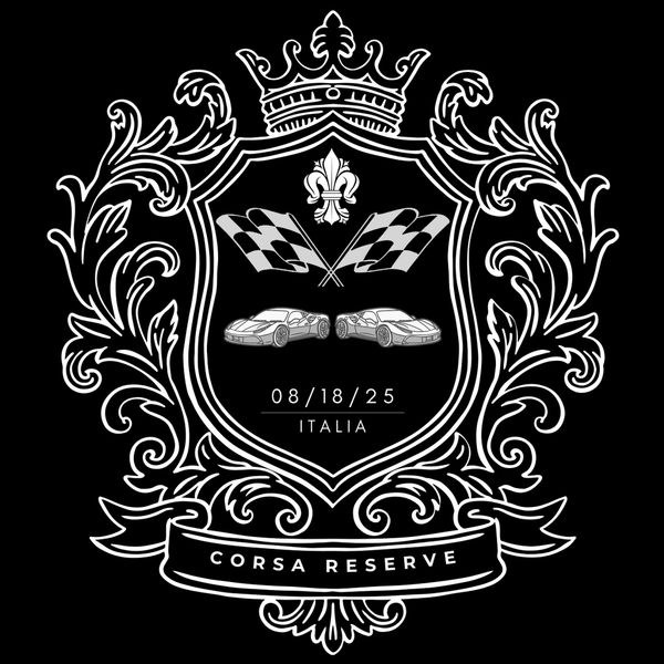 Elegant black and white crest featuring racing cars, checkered flags, and crown.